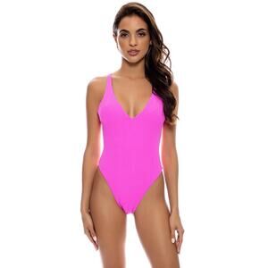 Luli Fama Playa Vibes Plunging V-Neck One Piece Swimsuit in Blushin Pink, Small